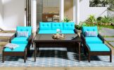 TOPMAX 6-Piece Outdoor Patio PE Wicker Rattan Sofa Set Dining Table Set with Removable Cushions and Tempered Glass Tea Table for Backyard, Poolside, D