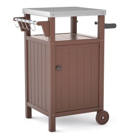 Outdoor Grilling Table with Storage,Stainless Steel Countertop Kitchen Island Cart with Storage Cabinet,Outdoor Grill Table for BBQ,Patio Cabinet with (Color: Brown)